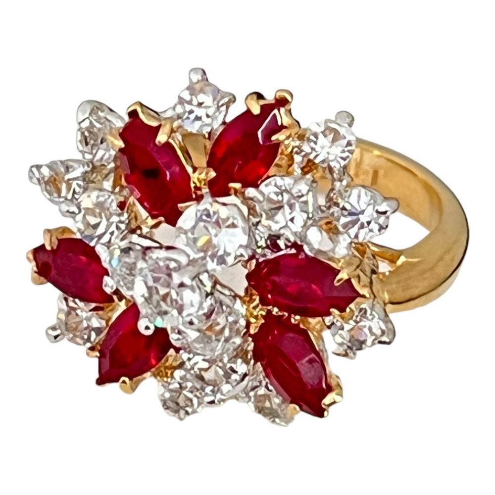 Vintage 1980s Crystal Cluster Ring Size 5 Red Austrian Crystals 14KTGE - 4Q